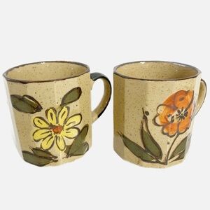 Vintage 12 Sided Hand Painted Stoneware Pottery Mugs Flower Motif on Earth Tones